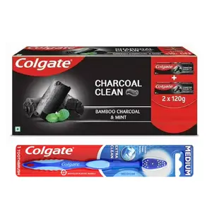 Colgate Charcoal Clean Toothpaste 2-Pack 120g & Extra Clean Toothbrush Daily Cleansing Bamboo Charcoal Fresh Mint Oral Care Essentials