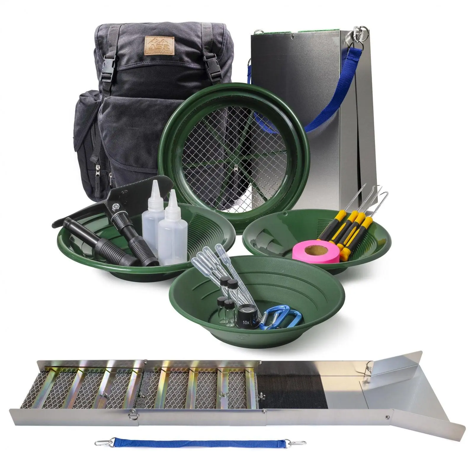 24pc Deluxe 50 Inch Aluminum Folding Sluice Box Gold Panning Kit with 30L Backpack Detector Pinpointer Portable