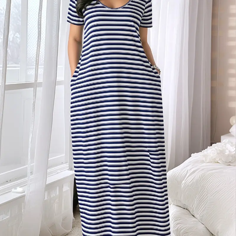 Women's Extra Long Dress, Large Round Neck Short Sleeve Striped Pocket, Nightdress Pj, Sleep Dress Pockets, Loungewear House Dress, Comfortable Casual Everyday Style, Soft Fabric, All Seasons, Nightwear