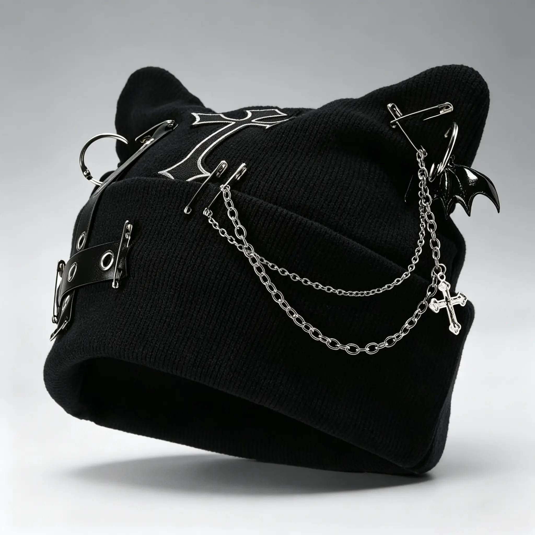 Gothic Cat Ear Beanie for Women Y2K Grunge Punk Chain Bat Charm Streetwear Winter Cap Adjustable Soft Warm Machine Washable Daily Outfit Festival Style Diamond-Like Bride Crown with Sash Bandana
