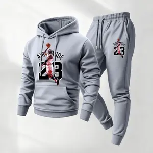 Men's Air Mode 23 Print Hoodie and Drawstring Sweatpants Set, Menswear, Casual Athletic Long Sleeve Hooded Jacket & Trousers for Fall & Winter, Men's Clothing for Daily Wear, Sportswear Indoor Outdoor, Tracksuit, Athleisure Summer Clothes