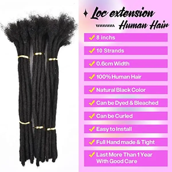 Dula 6-24 Inch Dreadlock Extensions Loc Extensions Human Hair for Men/Women 10 Strands 100% Real Human Hair Permanent Dreadlock Extensions (10 Locs-8 Inch, 0.6cm-1B Natural Black)