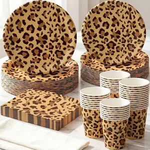 Leopard Brand 81pcs Disposable Cutlery Set, Disposable Tableware, Includes Plates Dessert Bowls Cups Napkins Tablecloth Pull-Out Flag, Perfect for Camping Picnics BBQ Weddings Birthdays