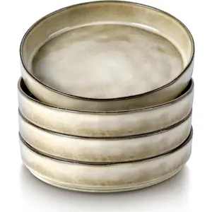 Pasta Bowls, 8.25'' Large Bowl Sets of 4, Stoneware Round Shallow Dinner Plates for Meal, Ceramic Salad Serving Plate for Cereal, Soup, Dishwasher & Microwave Safe, Sandy Beige
