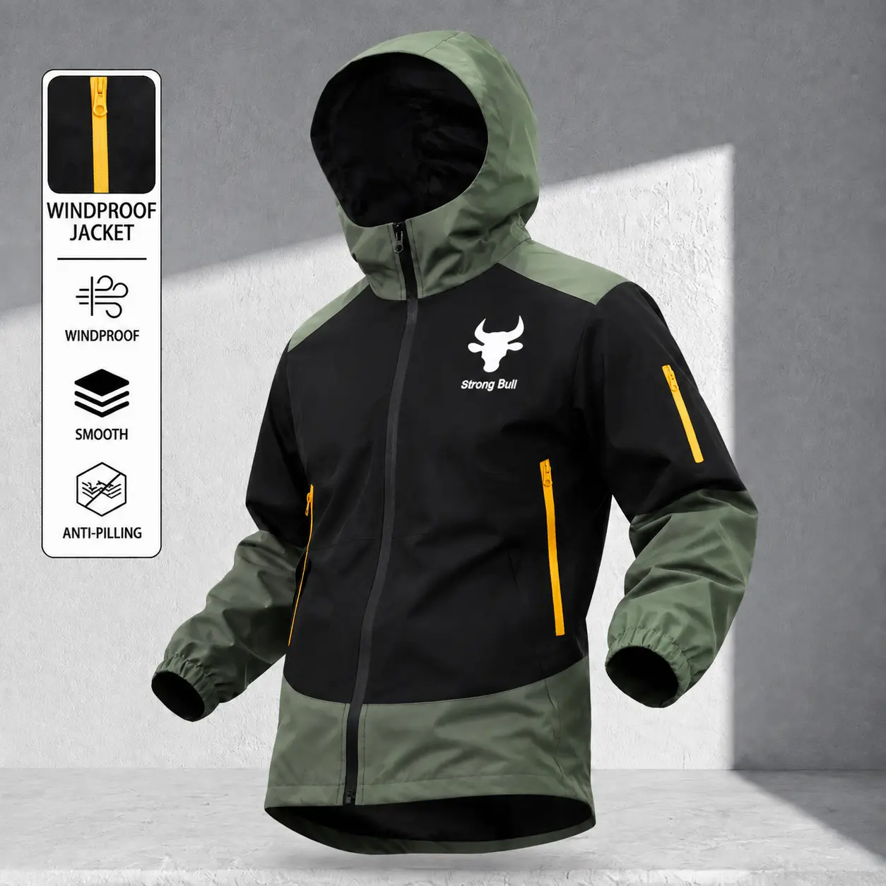 Men’s outdoor windproof hooded hardshell jacket featuring a contrasting bull logo, abrasion-resistant mountaineering sports outerwear