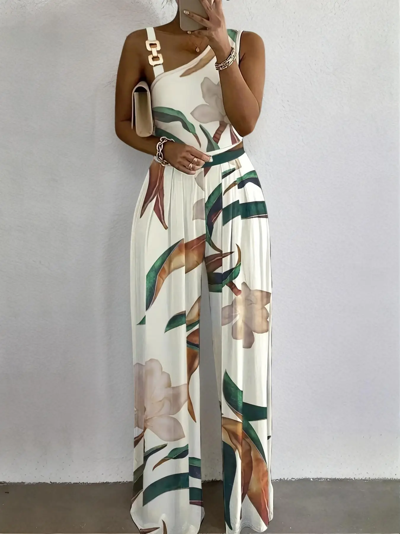 Women's Floral Print Ring Linked Asymmetrical Neck Plicated Jumpsuit, Boho Casual High Waist Wide Leg Jumpsuit for Summer, Summer Clothes 2024