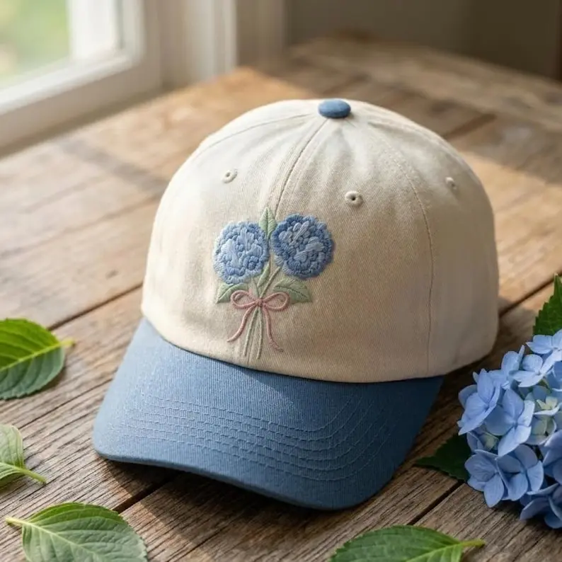 Hydrangea Floral Hat Embroidered Blue Flower Botanical Gift for Mom Two Tone Baseball Cap Custom Thread Color