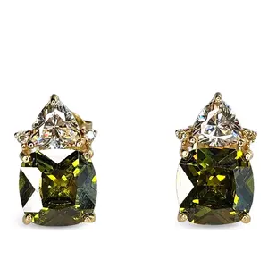 Green Clear Stud Earrings 925 Sterling Silver 14k Gold Plating