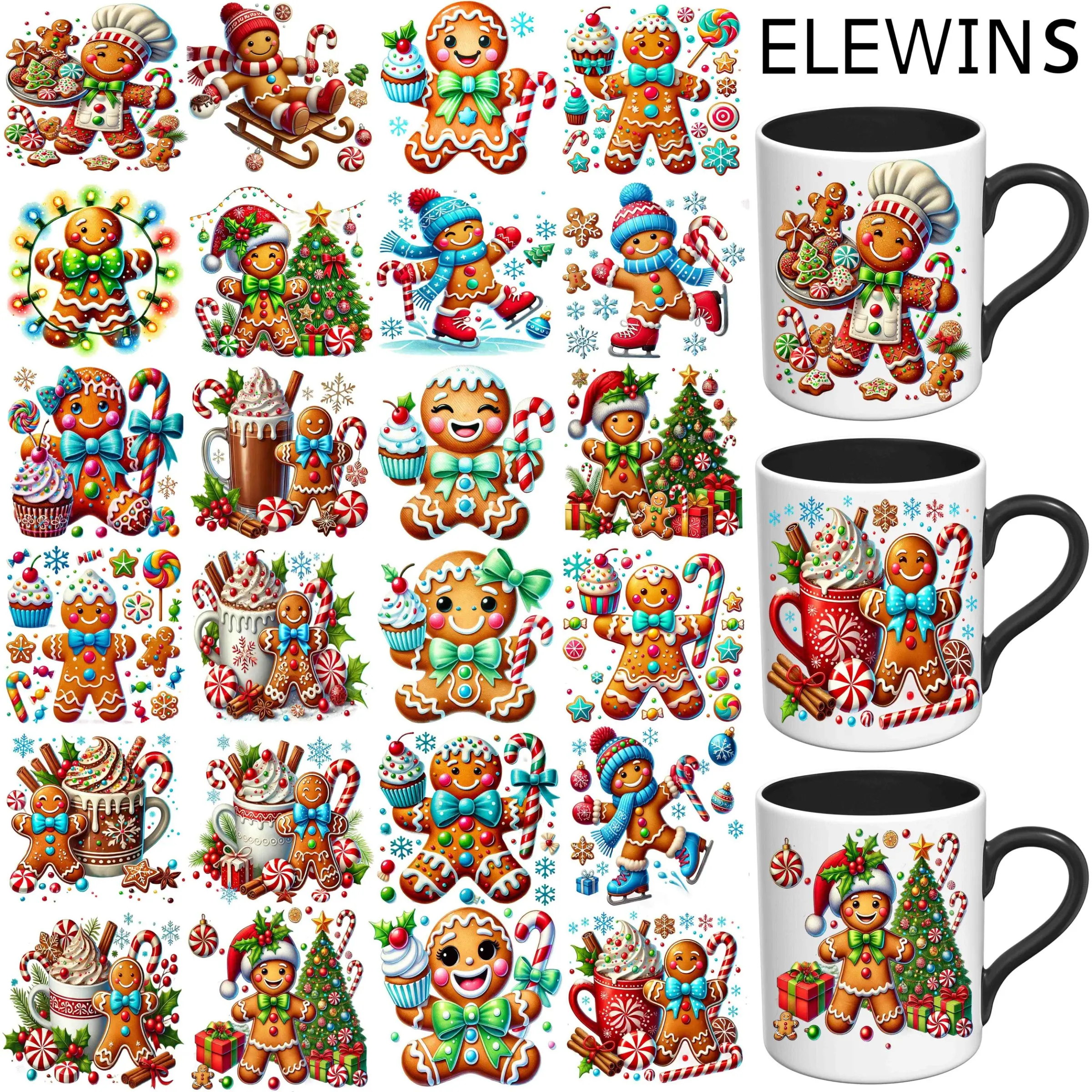 ELEWINS Christmas Gingerbread Men UV DTF Wraps - 24-Pack Waterproof, Scratch-Resistant, No Heat Press Needed - with Candy Canes, Holly, Snowflakes for Holiday Decorations, DIY Crafts, Gifts - Compatible with Cups, Bottles, Mugs - (24), Festive Bottle, Vib