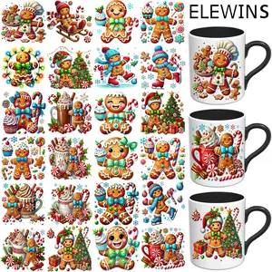 ELEWINS Christmas Gingerbread Men UV DTF Wraps - 24-Pack Waterproof, Scratch-Resistant, No Heat Press Needed - with Candy Canes, Holly, Snowflakes for Holiday Decorations, DIY Crafts, Gifts - Compatible with Cups, Bottles, Mugs - (24), Festive Bottle, Vib