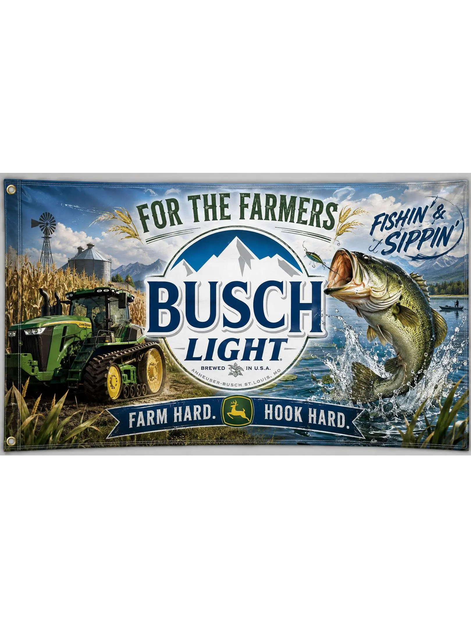 Busch Light Farmers & Fishin’ Flag 3x5FT, Tractor Bass Fishing Beer Banner, Farm Garage Man Cave Wall Decor