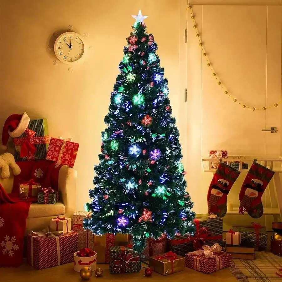 6FT Pre-lit Fiber Optic Artificial Christmas Tree, Multicolor LED Lights, Metal Star Ornament, Festive Decoration & Holiday Gift (Home & Party Supplies)