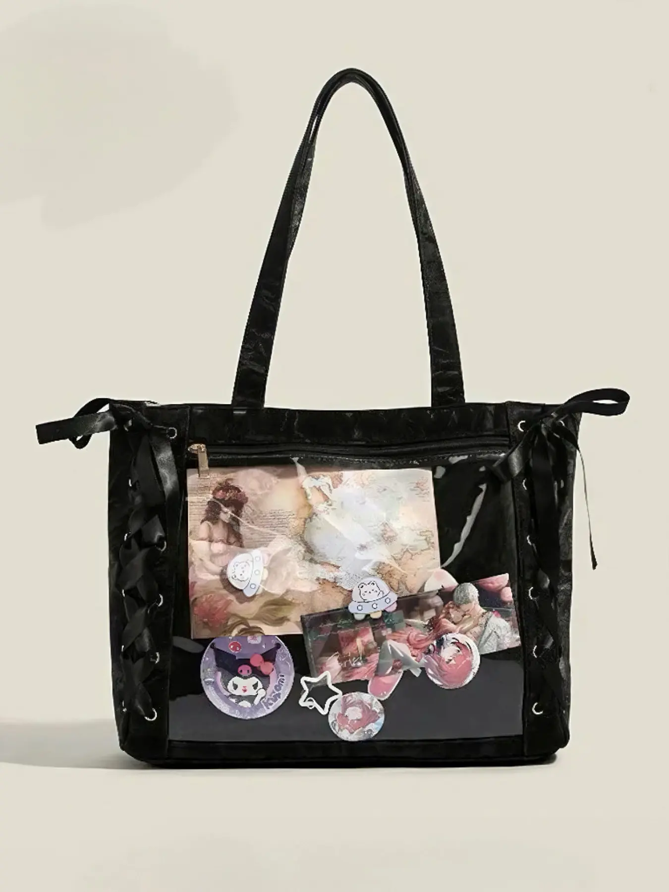 Faurala Large Ribbon Tied Ita Bag Women's Clear Window Display Tote Gothic Lace Up School Purse Kpop Pin Handbag Aesthetic Tote
