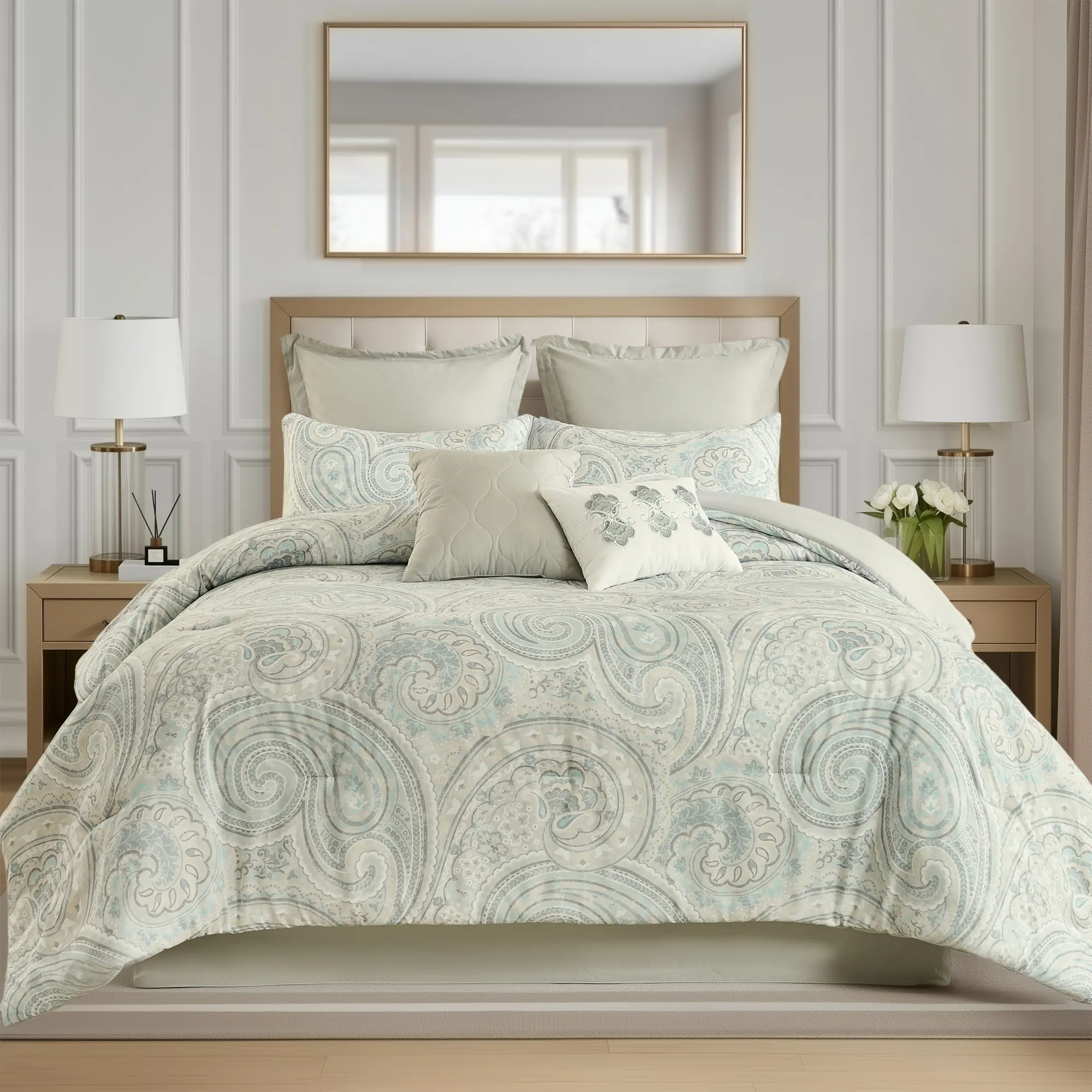 Queen 8-Piece Classic Paisley Print Comfy Bedding Set - Hypoallergenic, Machine Washable, with 15" Skirt Finish, 15" Clean Bed Drop, 26x26 Euro Shams, Elevates Everyday Bedroom, Comfy Bedding Sets, Bed Set