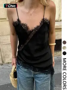 1 Piece Black Satin Lace Trim Cami Top, Spring Summer Fall All-Season Wear, French Style Sexy V-Neck Sleeveless Camisole for Women, Womenswear, Y2K Streetwear, Slim Fit Layering Top for Going Out
