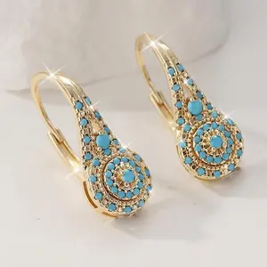 SleekHush Bohemian-Style Turquoise Hoop Earrings — Women's Gold-Tone "Evil Eye" Vintage-Inspired Colorful Crystal Clasp Earrings; Gold-Plated Drop Earrings Suitable for Daily Wear and Parties