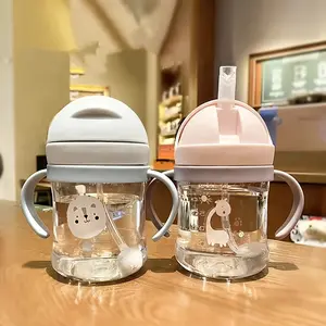 Cute cartoon Washable Reusable Portable water bottle with Straw tube, graduated sippy cup, 250ml（8.45oz） Baby Bottle