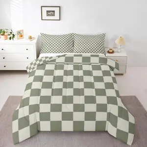 Plaid Comforter Set,Beige Sage Green Checkerboard Quilt Set,Geometric Checkered Bedding Set for Kids Boys Girls,Aesthetic Grid Duvet Set,Modern Room Decor