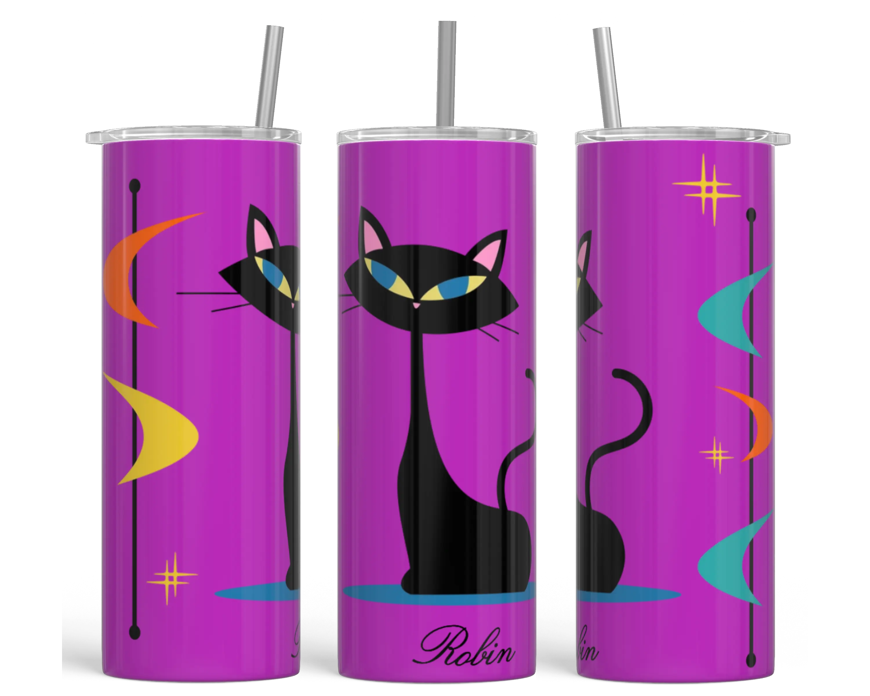 Retro Cat Vibes Personalized Tumbler 20 oz Stainless Steel Reusable Tumbler with Metal Straw & Lid Eco Friendly Sipping Gift for Cat Lovers