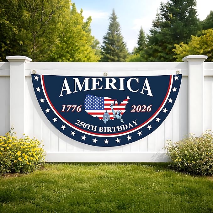 America 250th Birthday Semicircular Flag Banner 1776–2026 Patriotic Bunting, USA Independence Day Porch Decor Flag, Fourth Of July Patriotic Half Fan Flag Decoration For Porch Fence Yard