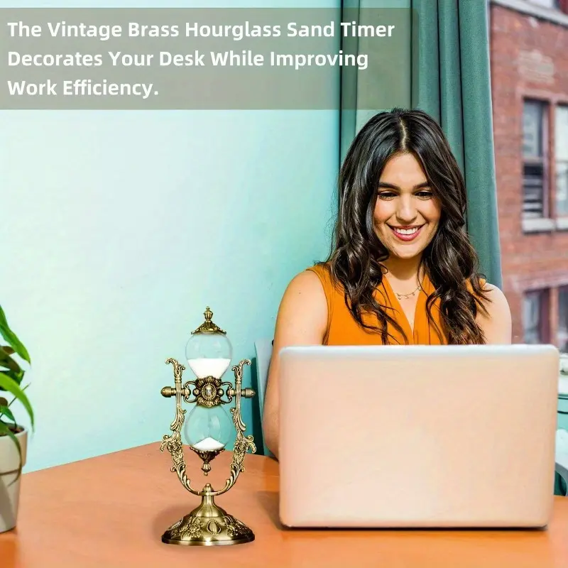 1pc Elegant Vintage Style Timer with Engraved Brass Frame- Baisha, 360 °   Rotating Metal Sand Clock, Perfect for Home and Office Desk Decoration, Unique Gift