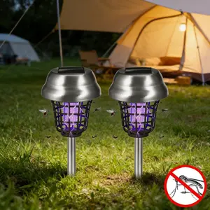 2pcs Solar Powered Outdoor Mosquito & Insect Killer Lamp, Mosquito Zapper Lamp, Insect Killer Light with Purple Light/White Light Dual Modes, Outdoor Lights for Garden Patio Pathway Yard Lawn