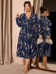 Plus Size Women's V Neck Long Sleeve Gold Embroidered Wrap Dress, Elegant Fitted Party Gown for Evening Events, Light Formal Wear