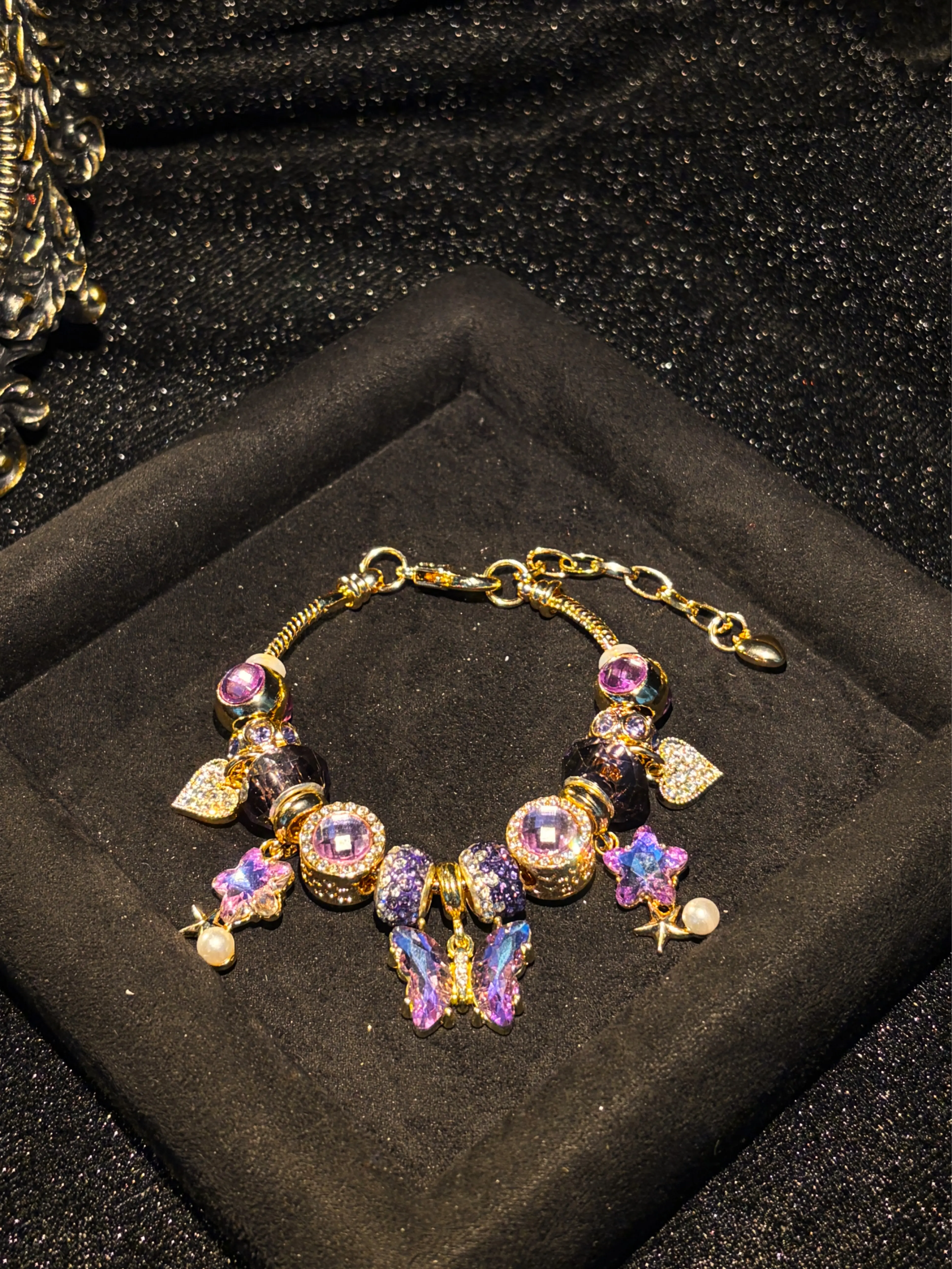 Womens Sparkly Purple Butterfly Charm Bracelet, Pearl Dangle Rhinestone Beaded Jewelry for Girls