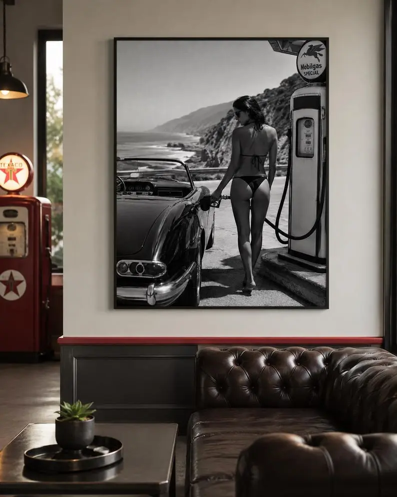 Vintage Convertible Gas Station Print, Black and White Bikini Wall Art, Coastal Retro Decor.