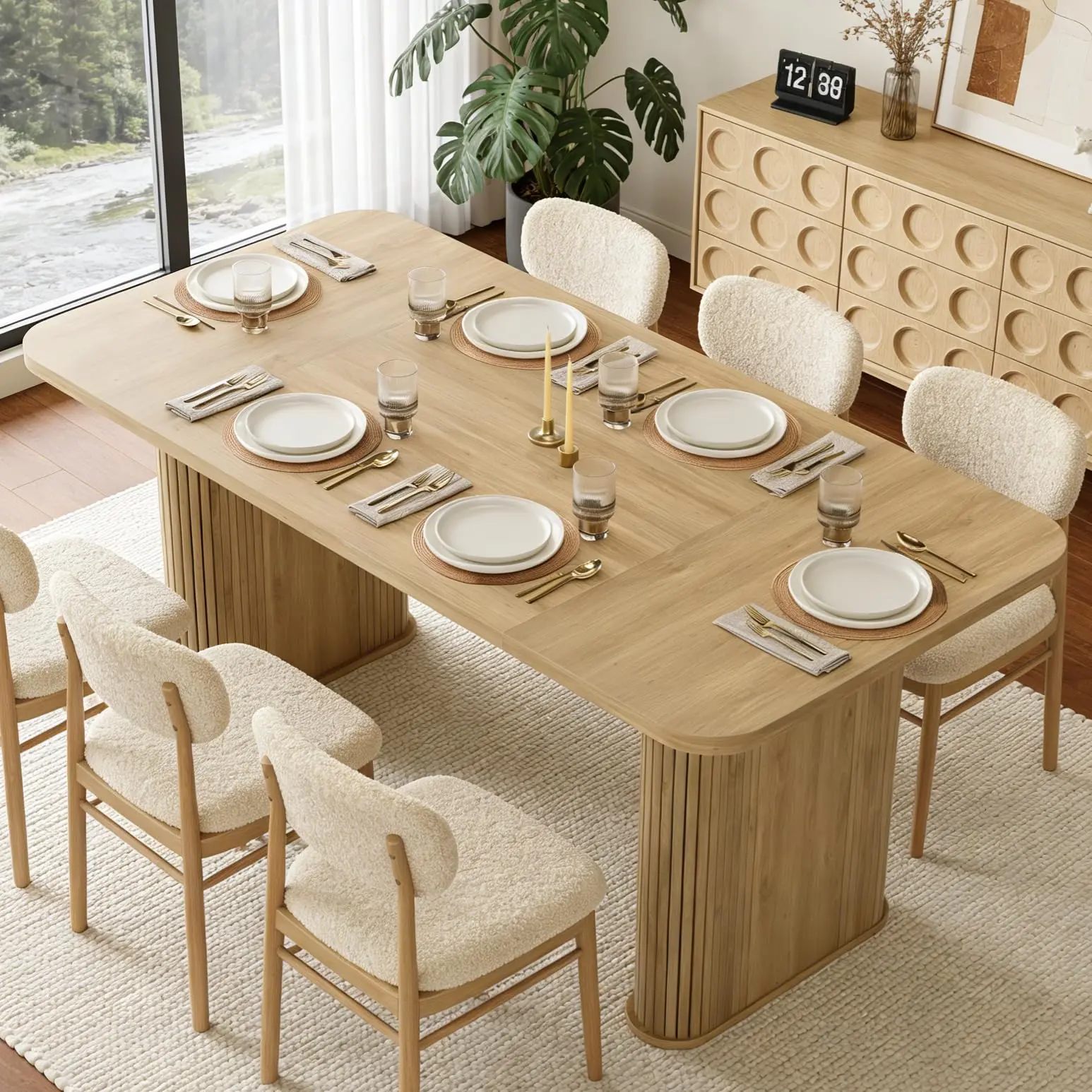 62" Dining Table for 6-8,Natural Oak Rectangle Wooden Kitchen Table with Double Robust Pedestal, Sturdy Dinner Table for Dining Room, Kitchen & Living Area