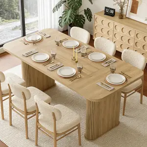 62" Dining Table for 6-8,Natural Oak Rectangle Wooden Kitchen Table with Double Robust Pedestal, Sturdy Dinner Table for Dining Room, Kitchen & Living Area