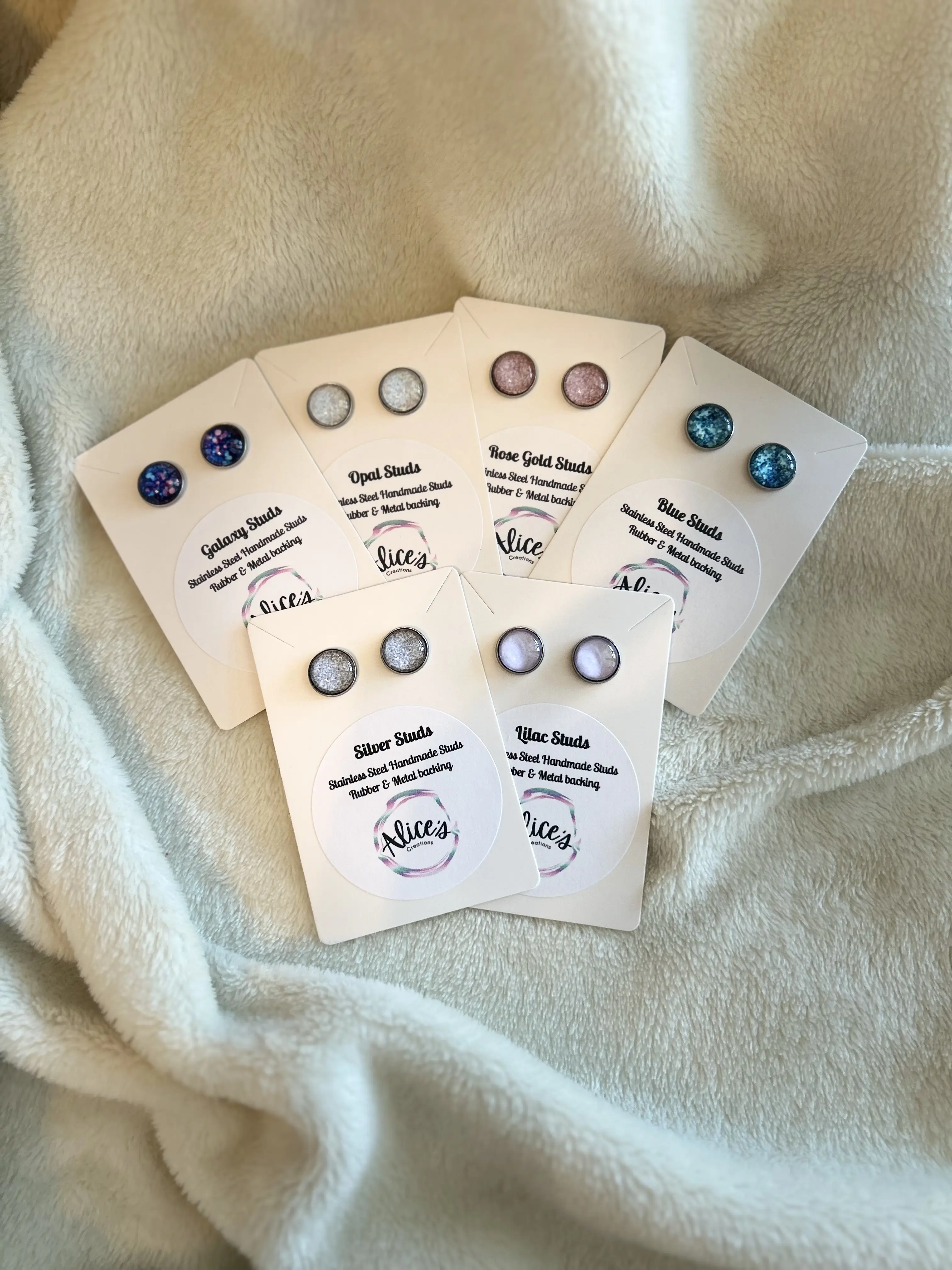 GLITTER HANDMADE STUD EARRINGS, STAINLESS STEEL, BUBBLE FEEL, SMOOTH, SHINY EARRINGS. GALAXY, SILVER, ROSE GOLD, BLUE, LILAC, OPAL.