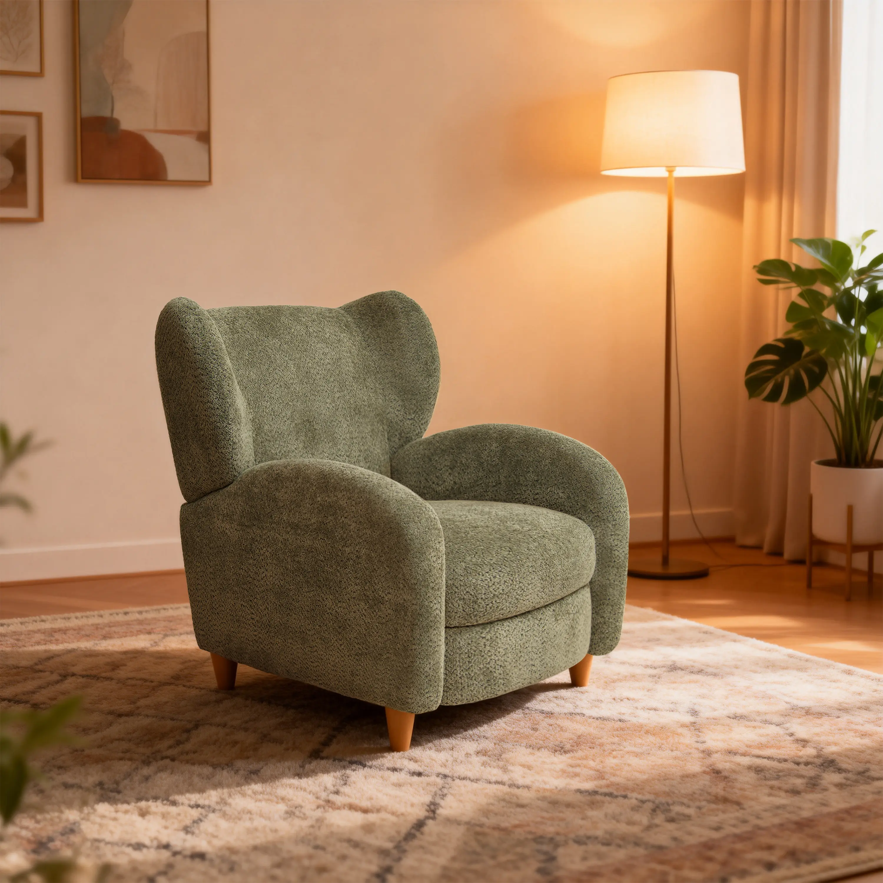 Curved Backrest Accent Chair with Chenille Upholstery, Nordic Style Multifunctional Seating for Living Room, Study, or Leisure Space, Olive Green