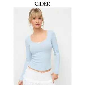 Cider Pointelle U-neckline Bowknot Lace Tee