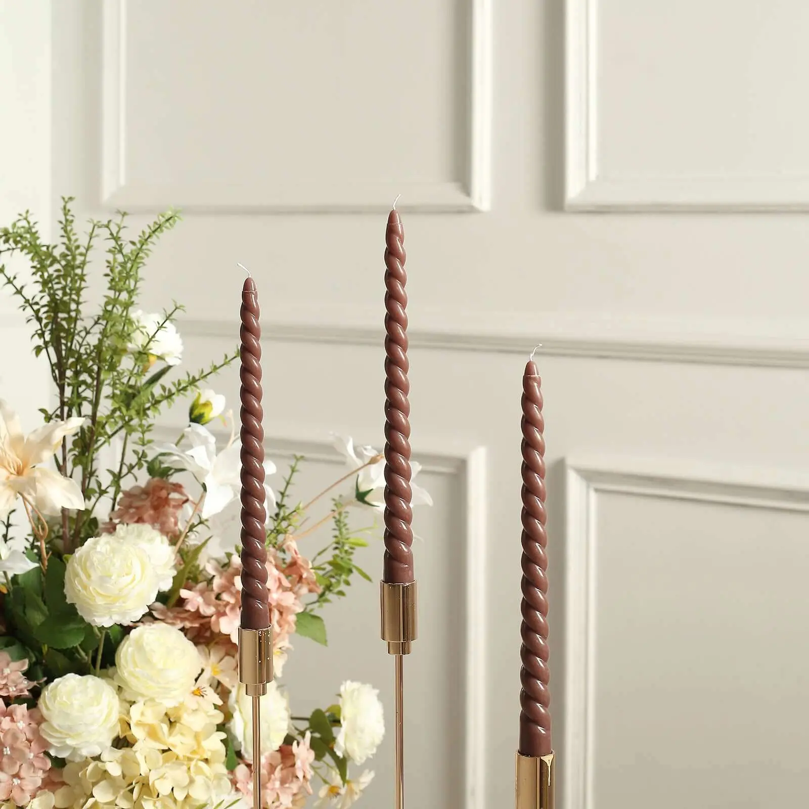 12-Pack Premium Unscented Mocha Brown Taper Candles - 11" Long Burn Wick, Spiral Design, Decorative Dinner Candle Sticks for Home Decor