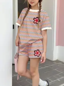 Summer Girls Striped Colorblock Floral Print Casual Short Sleeve Top and Shorts Set, Striped Sets Two-Piece Fashion for Summer Wear, Summer Clothing Set