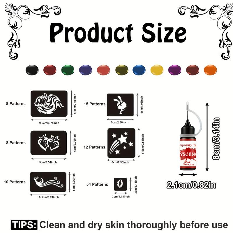 107 Stencil Designs Temporary Tattoo Kit with 12 Bottles of Mixed Color Henna Paste - Easy-to-Use Body Art Set (Black*2,Red,Green,Blue,Violet,Cyan,Brown,Orange,Yellow,Deep Yellow,Deep Red)