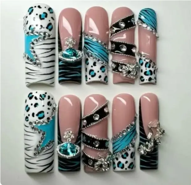 Teal Leopard & Zebra Press-On Nails, Crystal Rhinestone 3D Nail Set, Medium Square Glam Acrylic Nails, Animal Print Statement Fake Nails for Women