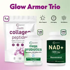Micro Ingredients Glow Armor Trio: Multi Collagen Powder 1lb, Mega Probiotics 120 veggie capsules & NAD+ 500mg with Resveratrol 240 Count