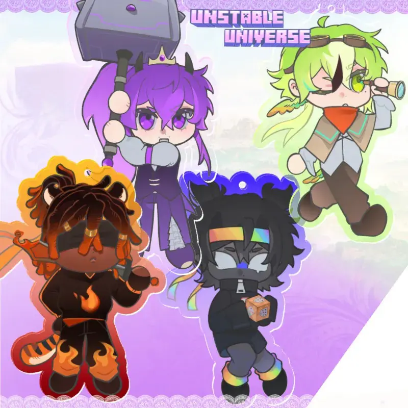 Unstable Universe Quartet Keychains : Spoke, Parrotx2, Wemmbu, FlameFrags, SMP, MCYT Keychains