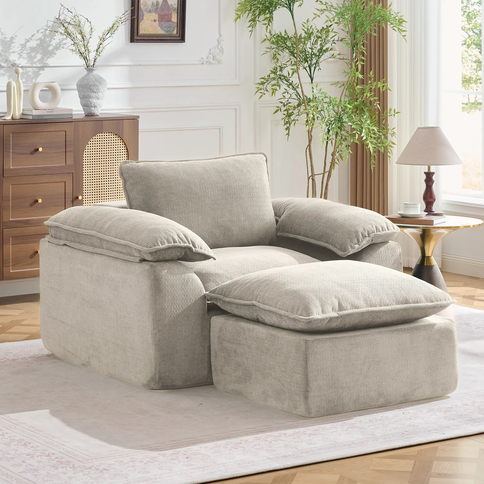48" Deep Seat Accent Chair with Ottoman, Oversized Comfy Armchair, Wide Pillow Arm Lounge Chair for Living Room, Bedroom, Reading Nook