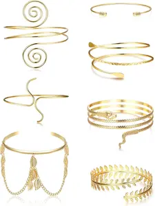7 Pcs 14K Gold Plated Arm Cuff Upper Arm Band Cuff Bracelet Armband Set Adjustable Simple Coil Bangle for Women
