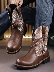 Men's Large Size Fall Winter Mongolian Boots, Round Toe Patchwork High Top V-Shape Fashion Western Cowboy Horse Boots