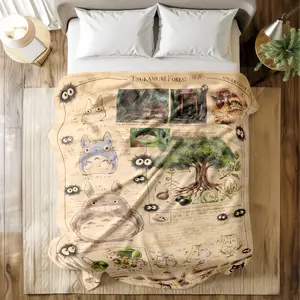 "Totoro Field Guide" fleece blanket, Cozy chic blanket, with vintage wilderness manual-style prints. Ultra-soft, durable, quick-dry, machine washable. Multiple sizes for bed, sofa, travel, camping. Gift for Ghibli fans seeking cozy comfort