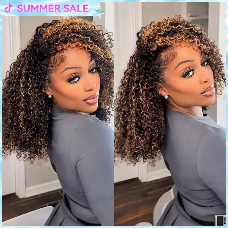 [3 In 1 HALF WIG] Vshow Ombre Highlight Brown Kinky Curly Half Wigs With Draw-string 180% Density Flip Over Human Hair Wig 1b/30 Natural Black With Brown Color Wigs