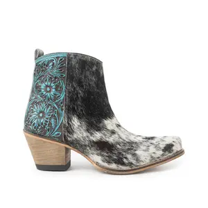 Myra Reyna Ridge Hairon Leather Booties – Teal Handtooled Detail, Square Toe, Country Cowgirl Style