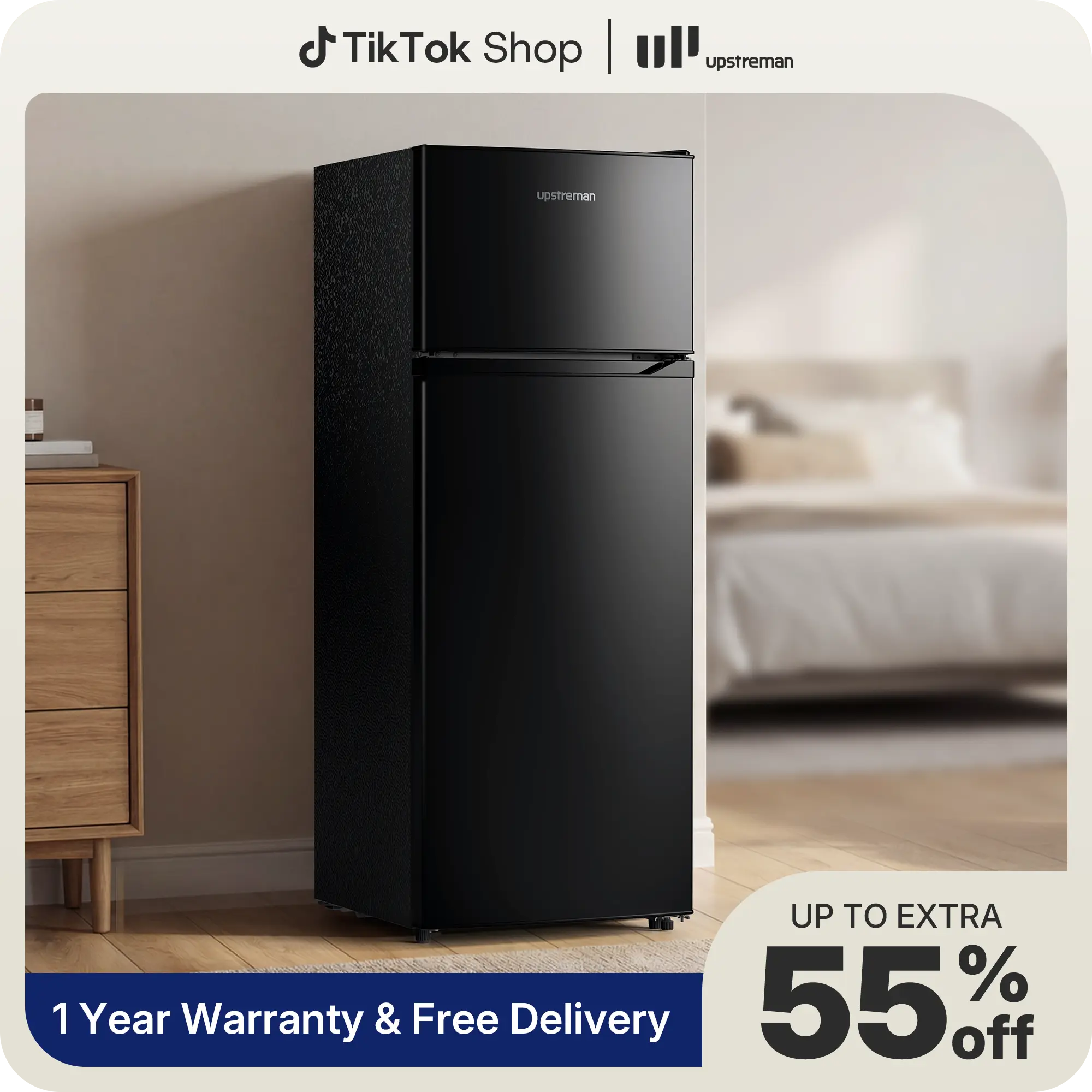 Upstreman 7.7 Cu.Ft. Double Glass Door Mini Fridge with 1.5 Cu.Ft Freezer, Adjustable Temp (28.4°F-48.2°F), Reversible Door, Energy-Saver Fridge Decor, Compact Appliance for Small Spaces (21"W x 21"D x 56"H)