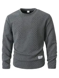 Men's Fall Winter Outfits Solid Color Patchwork Leather Texture Hoodie for Daliy Wear, Black Friday Old Money Style Casual Round Neck Long Sleeve Sweatshirt, Must-Have Wardrobe Essential.