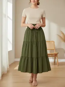 Pure Color Woven Tiered Hem Casual Midi Skirt for Women, Loose-Fitting Drawstring Design, Spring Summer Fashion, Natural Waist Style