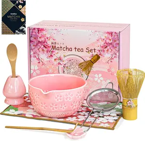 Matcha Whisk Set, Pink Matcha Kit (9 Pcs) Includes Bowl, Whisk, Holder, Scoop, Sifter, Spoon, Rest, Mat, Book - Exclusive Patented Ceramic Matcha Set for Matcha Lovers